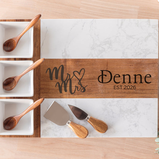 Personalized Marble & Acacia Wood Charcuterie Board Set – 11 Piece