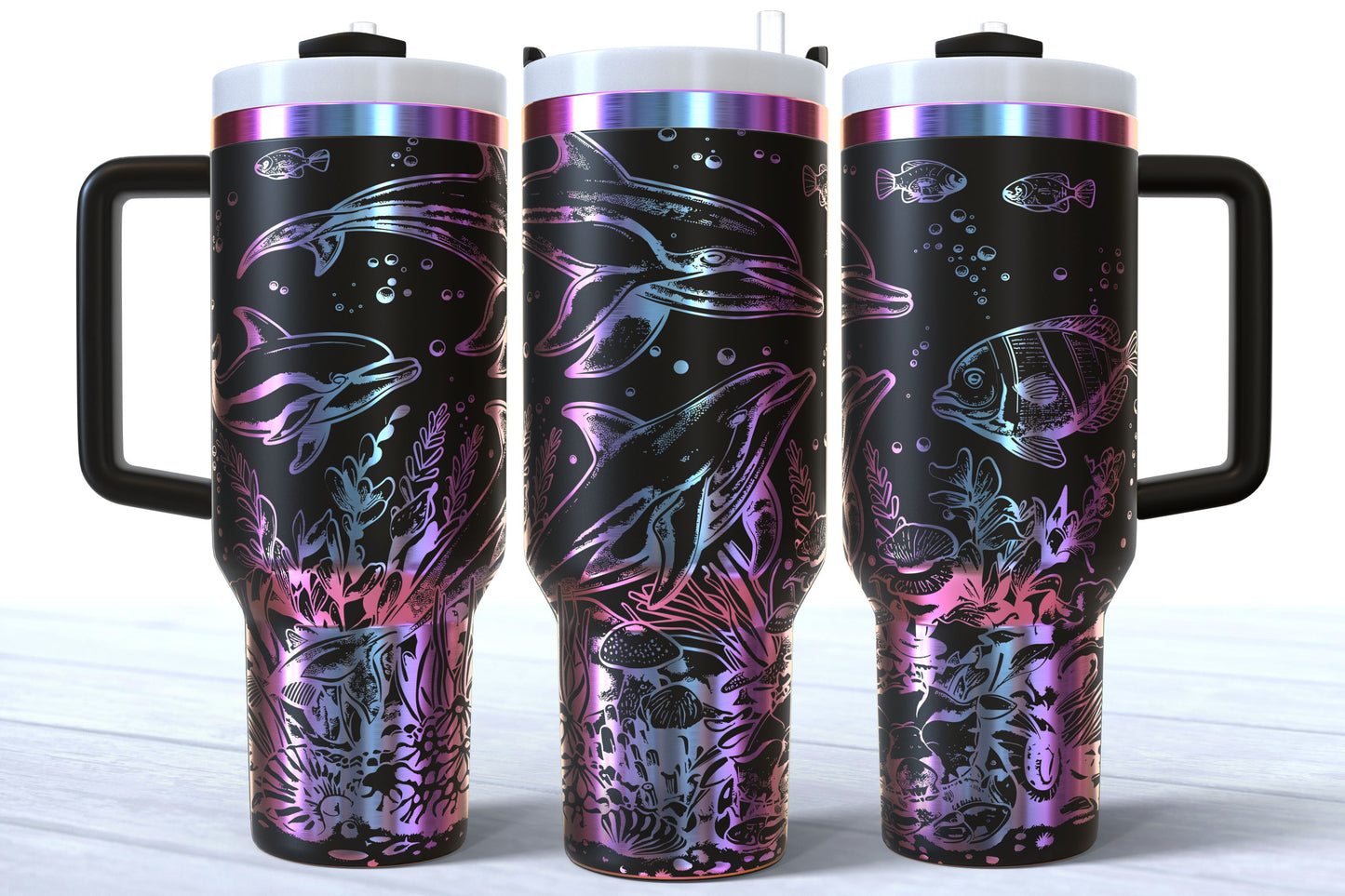 Dolphin Laser Engraved Makerflo Tumbler | Silver, Gold & Rainbow Plated