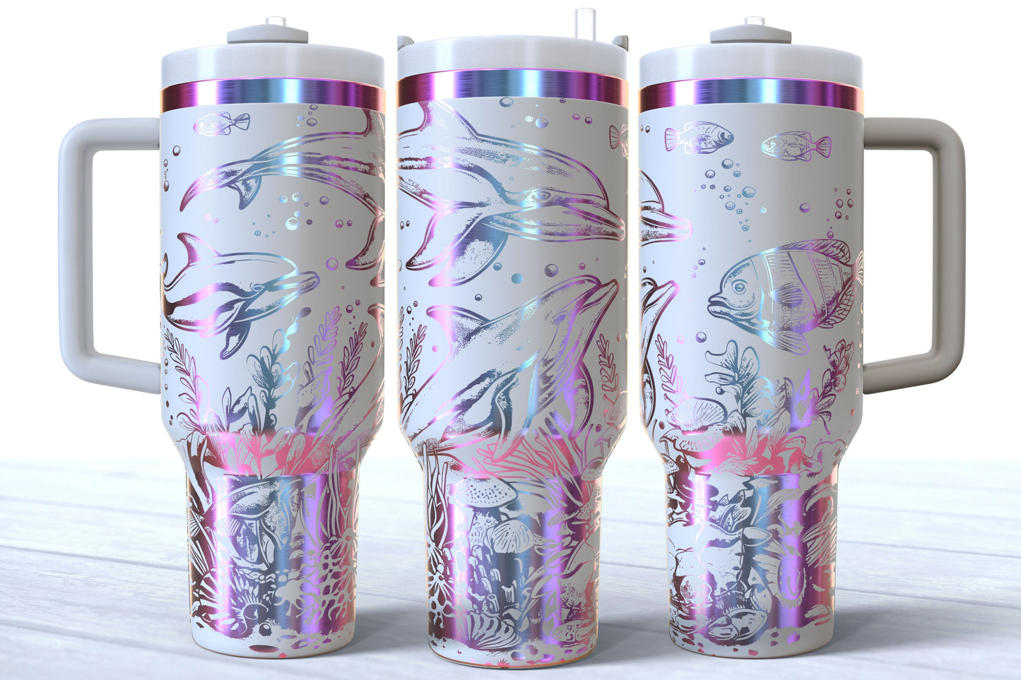 Dolphin Laser Engraved Makerflo Tumbler | Silver, Gold & Rainbow Plated