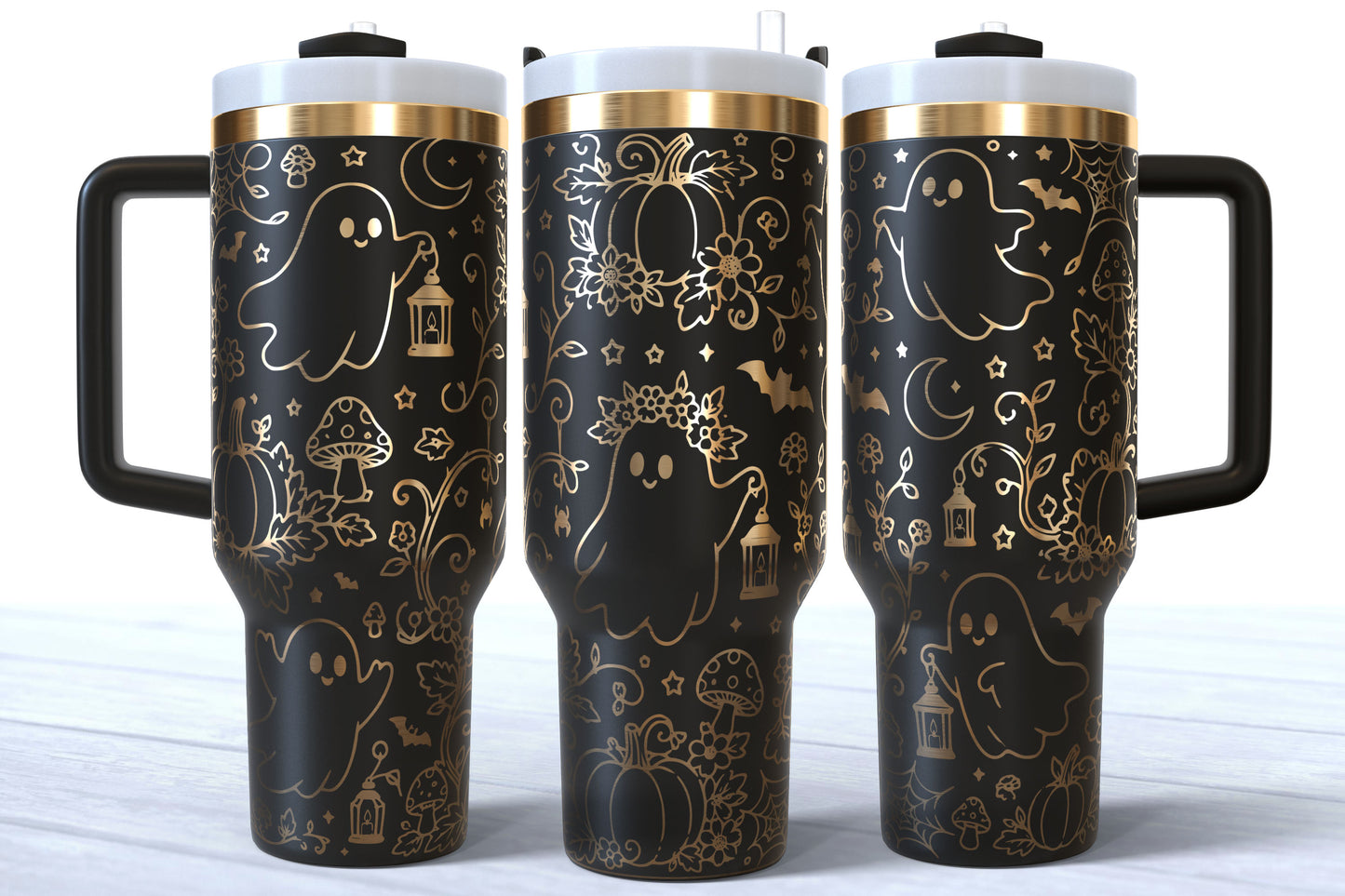 Cute Fall Ghost Laser Engraved Tumbler | Silver, Gold & Rainbow Plated