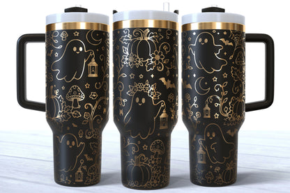 Cute Fall Ghost Laser Engraved Tumbler | Silver, Gold & Rainbow Plated