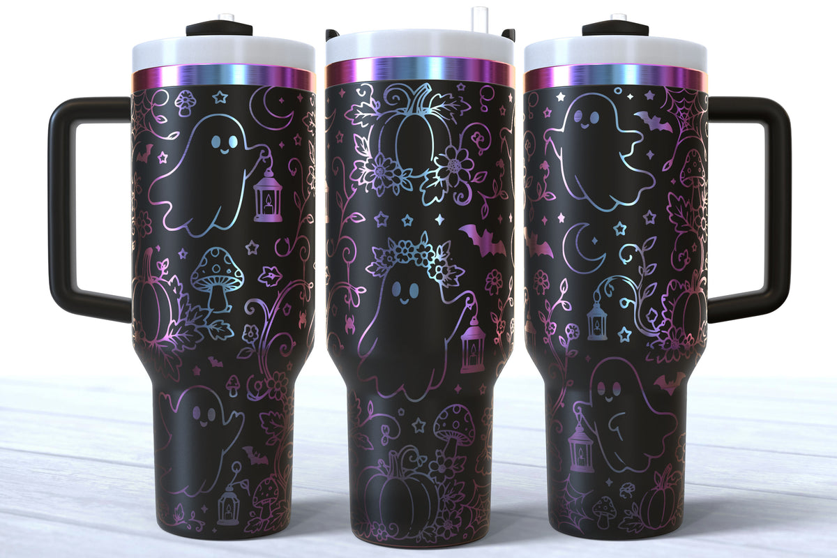 Cute Fall Ghost Laser Engraved Tumbler | Silver, Gold & Rainbow Plated