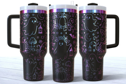 Cute Fall Ghost Laser Engraved Tumbler | Silver, Gold & Rainbow Plated