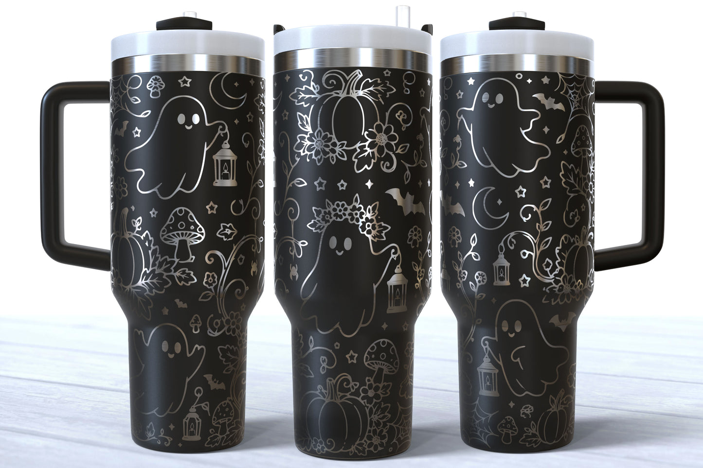 Cute Fall Ghost Laser Engraved Tumbler | Silver, Gold & Rainbow Plated