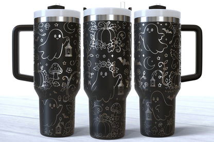 Cute Fall Ghost Laser Engraved Tumbler | Silver, Gold & Rainbow Plated