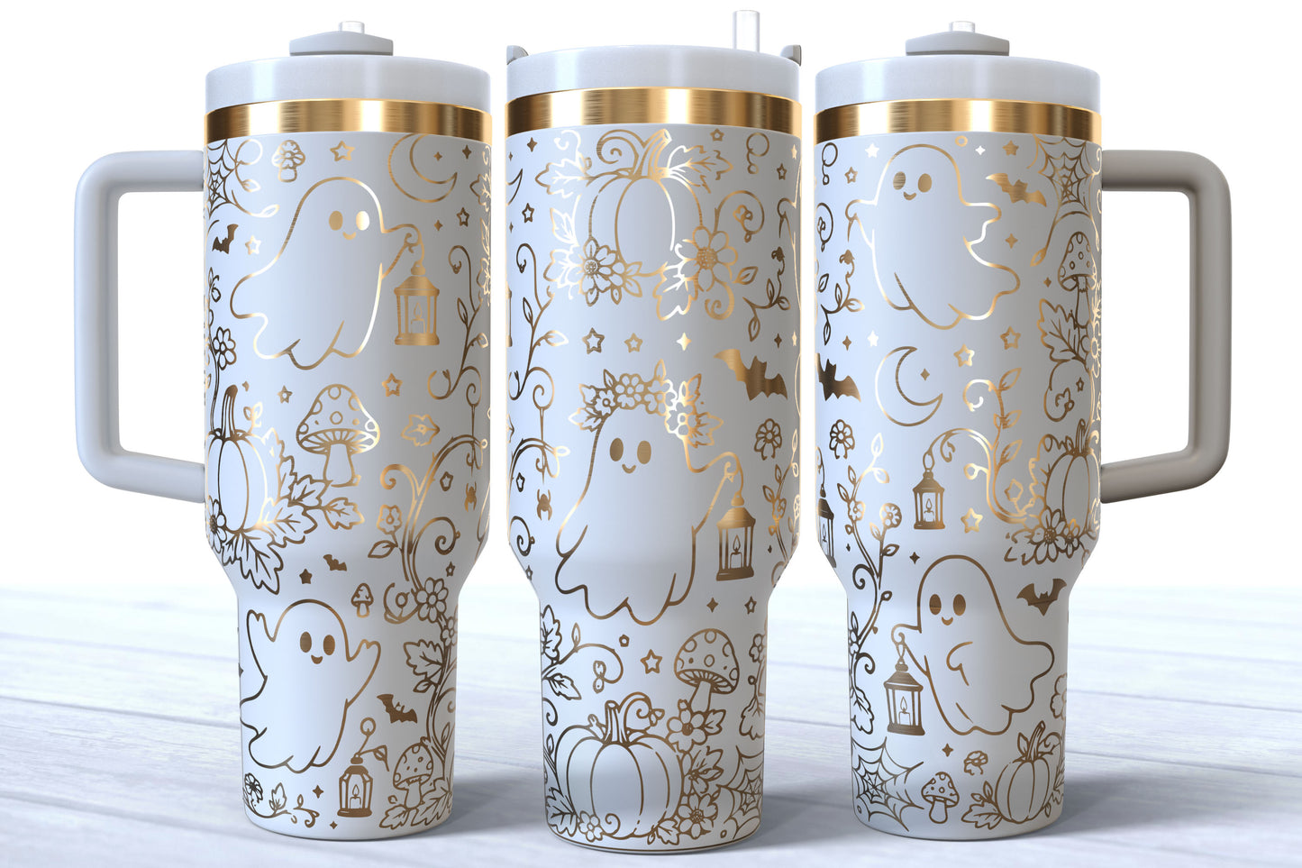 Cute Fall Ghost Laser Engraved Tumbler | Silver, Gold & Rainbow Plated
