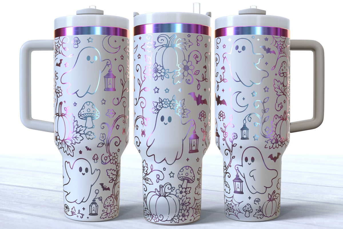 Cute Fall Ghost Laser Engraved Tumbler | Silver, Gold & Rainbow Plated