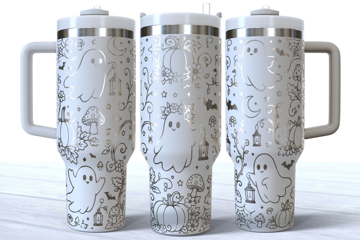 Cute Fall Ghost Laser Engraved Tumbler | Silver, Gold & Rainbow Plated