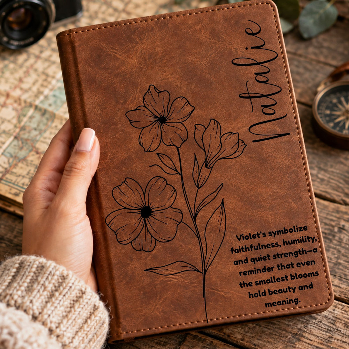 Personalized Birth Flower Journal, Laser Engraved Leatherette Notebook with Flower Meaning