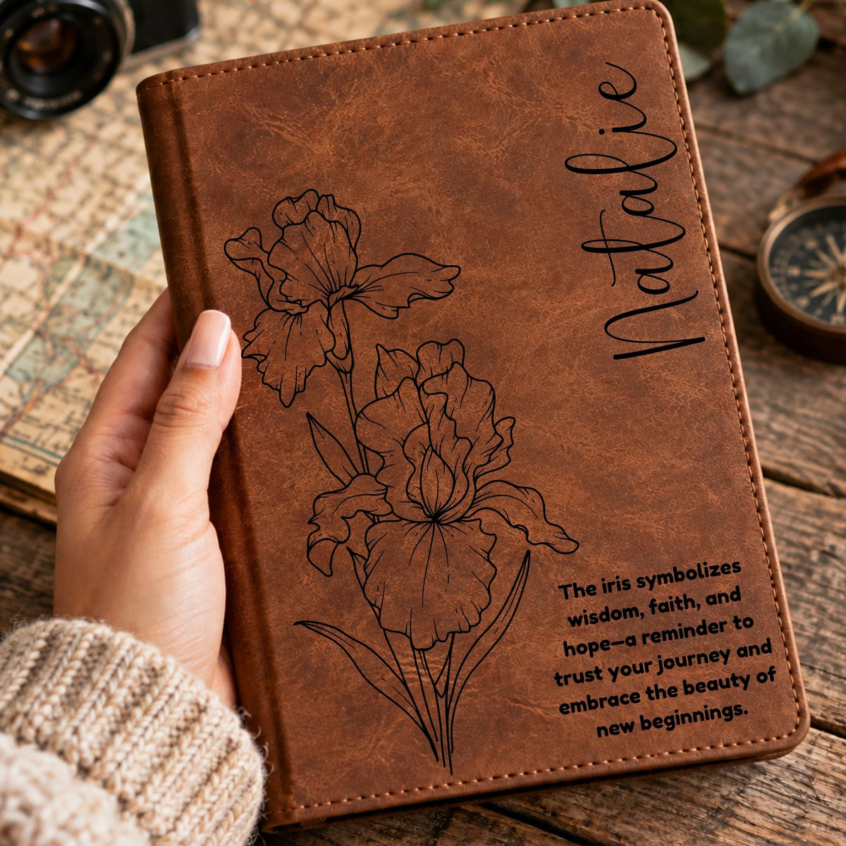 Personalized Birth Flower Journal, Laser Engraved Leatherette Notebook with Flower Meaning
