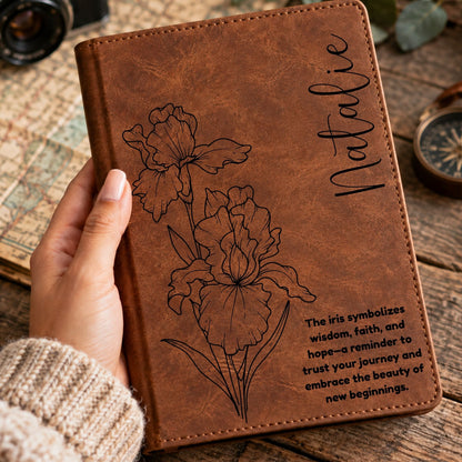 Personalized Birth Flower Journal, Laser Engraved Leatherette Notebook with Flower Meaning