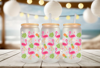 Flamingo, Pineapple & Monstera Leaf Glass Can