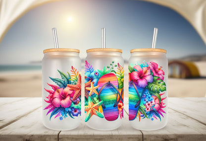 Tropical Flowers, Flip Flops & Starfish Glass Can