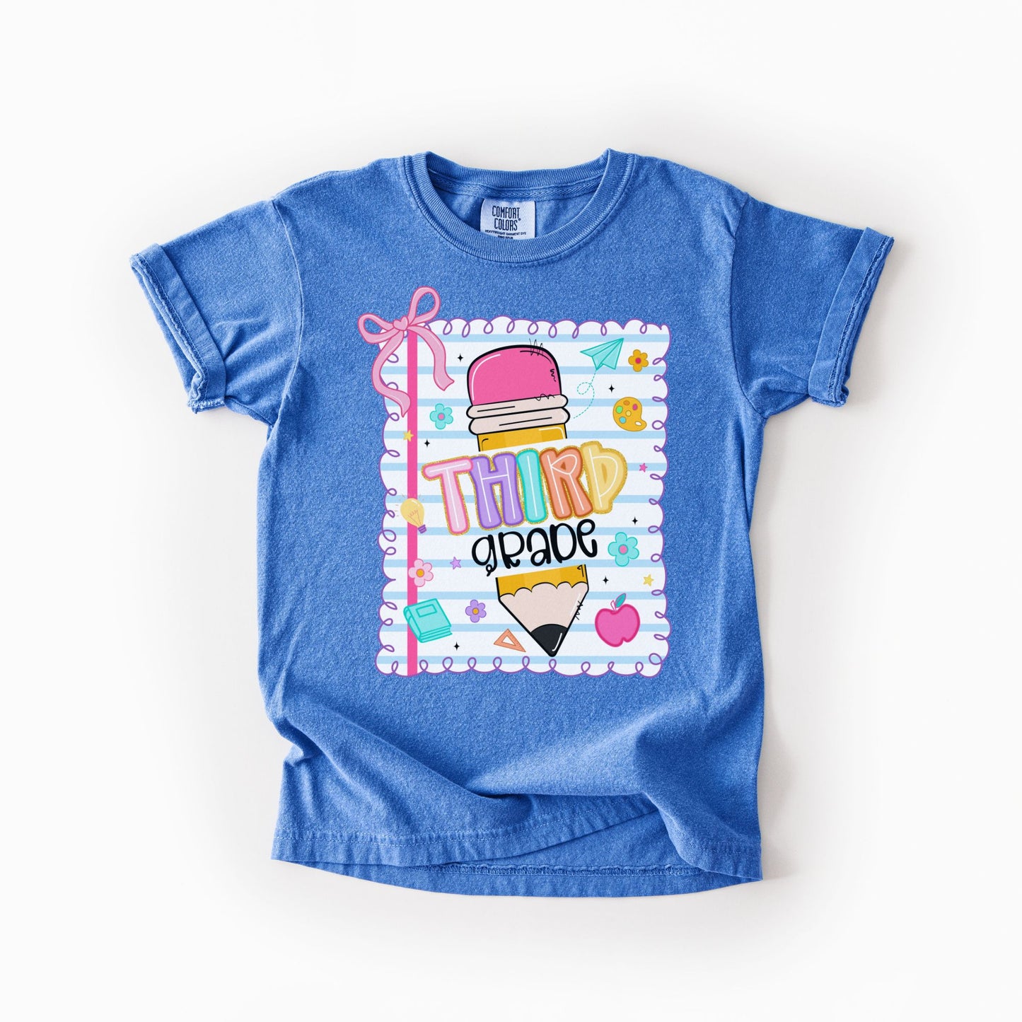 Girls Back to School Comfort Colors Tee – Pencil, Notebook & Ribbon - Pre-K to 5th Grade