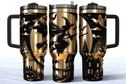 Flying Witch Laser Engraved Tumbler | Silver, Gold & Rainbow Plated