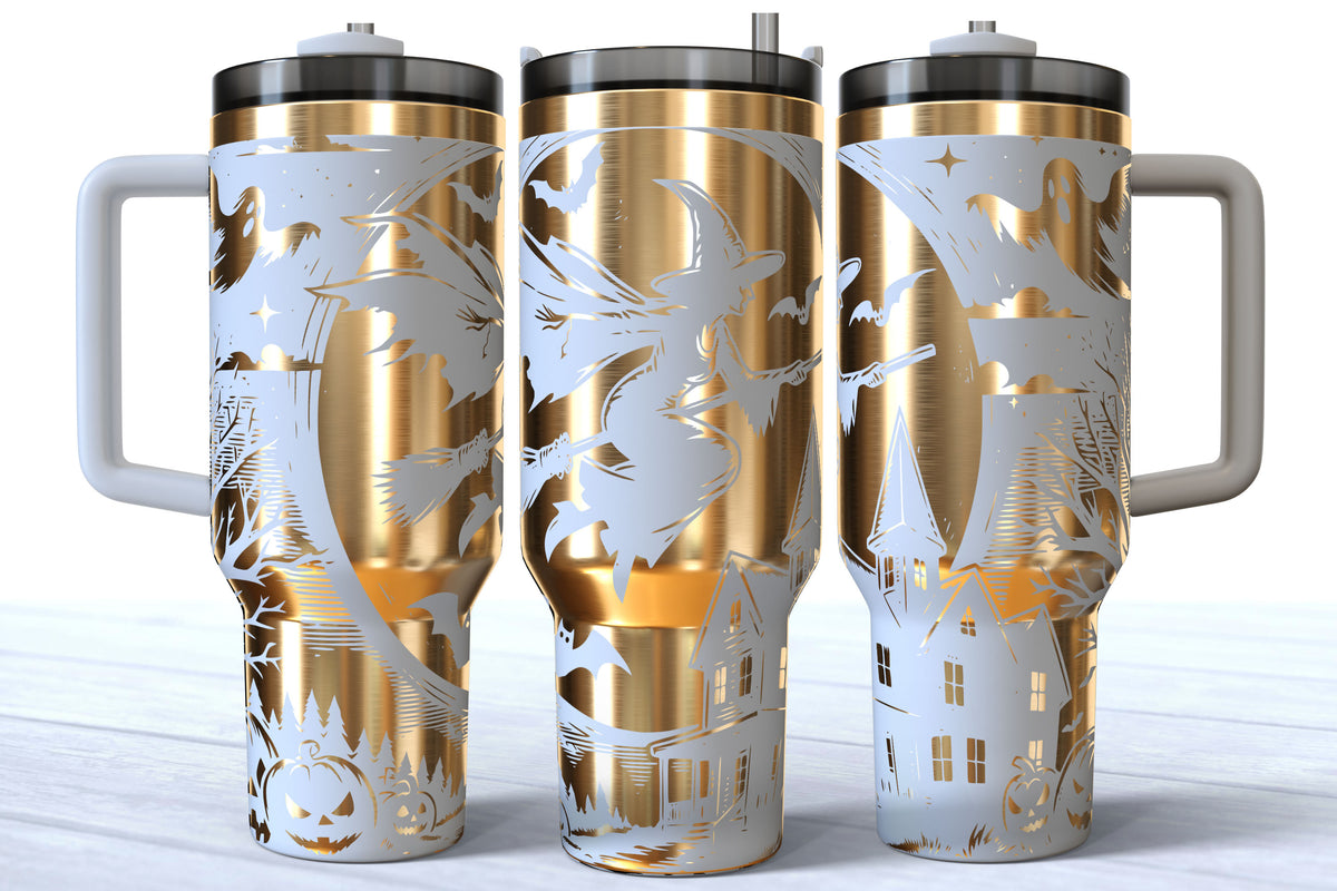 Flying Witch Laser Engraved Tumbler | Silver, Gold & Rainbow Plated