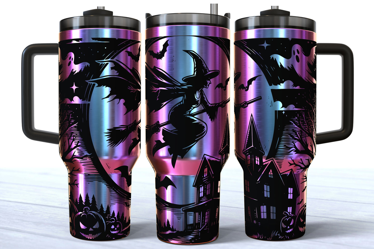 Flying Witch Laser Engraved Tumbler | Silver, Gold & Rainbow Plated