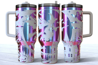 Flying Witch Laser Engraved Tumbler | Silver, Gold & Rainbow Plated