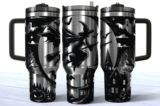 Flying Witch Laser Engraved Tumbler | Silver, Gold & Rainbow Plated