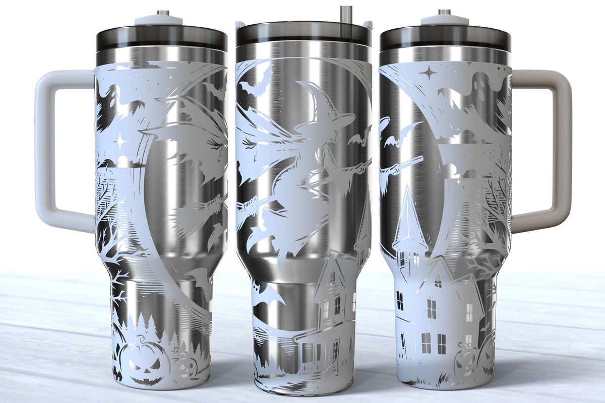 Flying Witch Laser Engraved Tumbler | Silver, Gold & Rainbow Plated