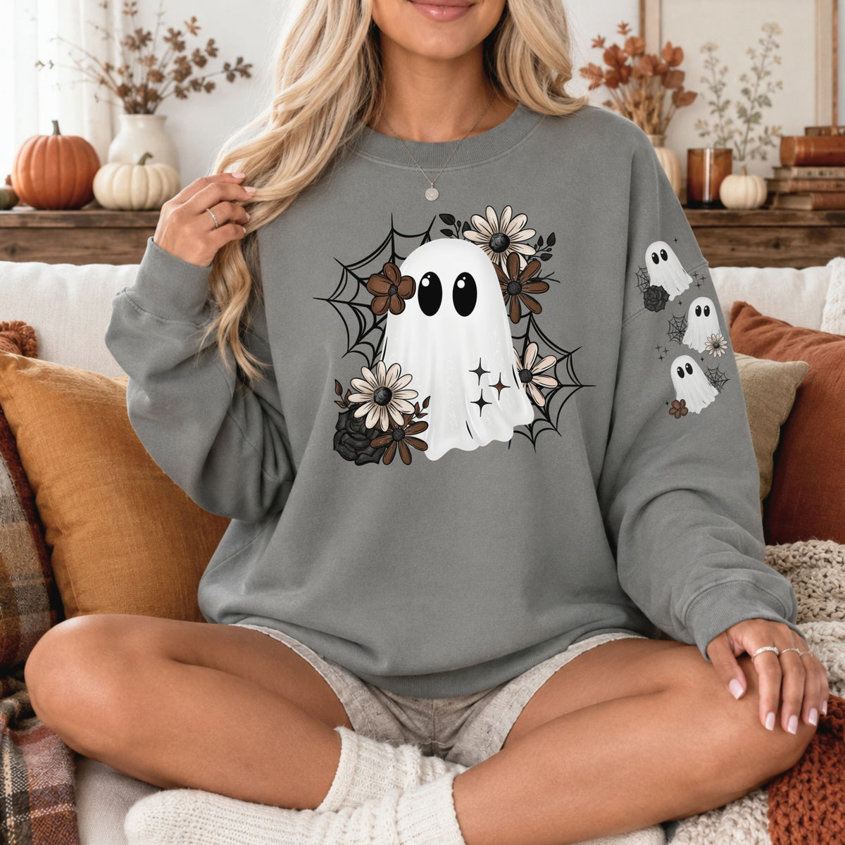 Ghost with Sleeve Ghosties Comfort Colors 1566 Sweatshirt | Halloween Sweatshirt