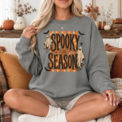Spooky Season Halloween Comfort Colors Tee, Long Sleeve or Sweatshirt | Orange Stripes & Flying Ghosts