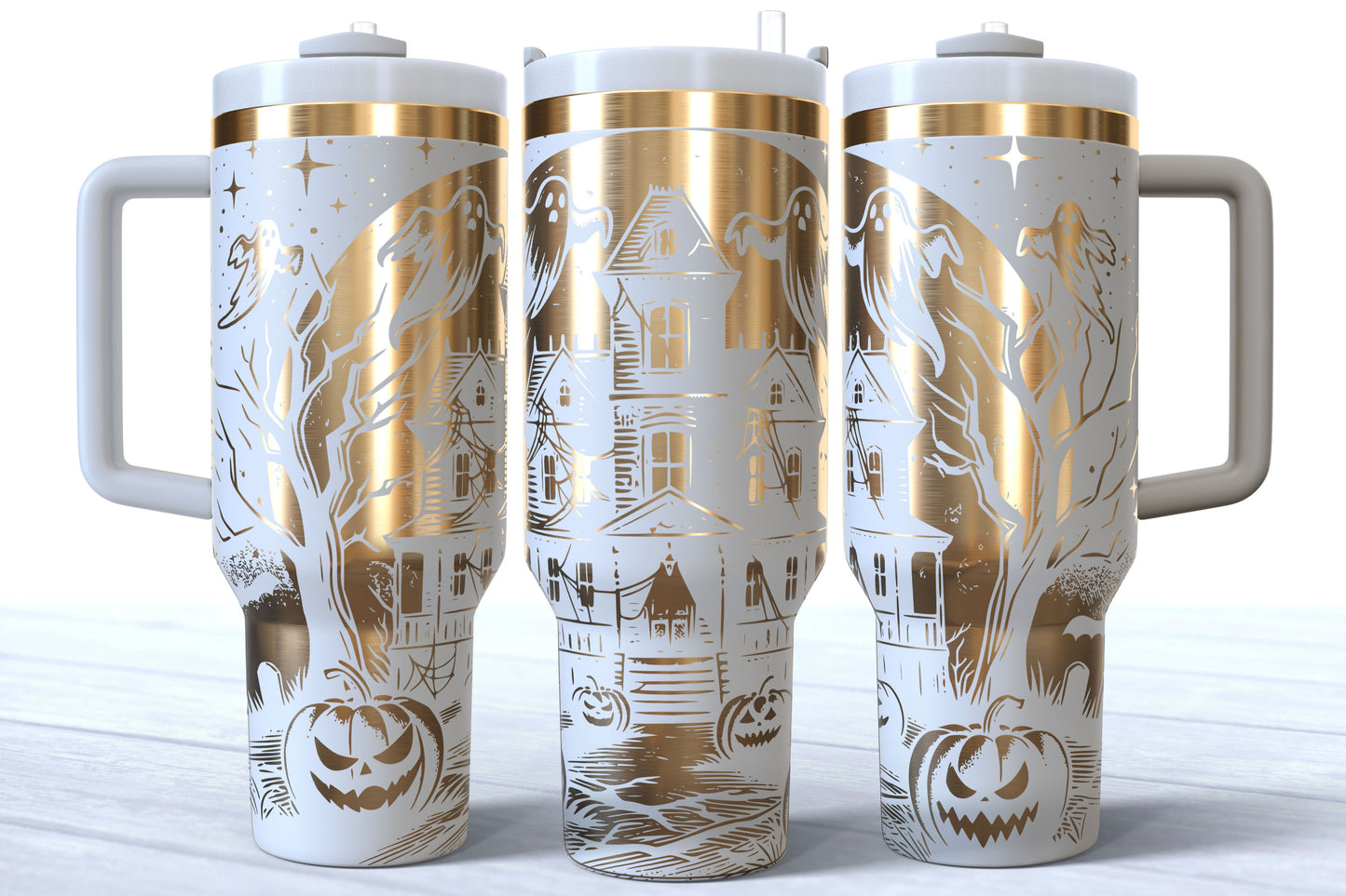 Halloween Haunted House Laser Engraved Makerflo Tumbler | Silver, Gold & Rainbow Plated