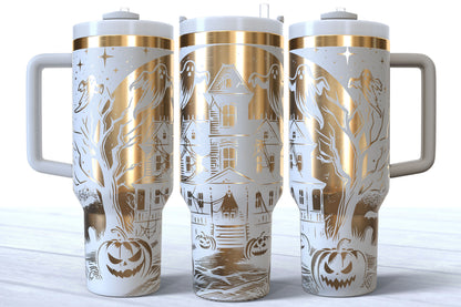 Halloween Haunted House Laser Engraved Makerflo Tumbler | Silver, Gold & Rainbow Plated