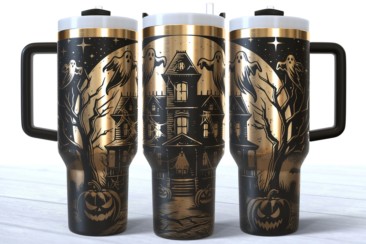 Halloween Haunted House Laser Engraved Makerflo Tumbler | Silver, Gold & Rainbow Plated