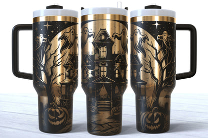 Halloween Haunted House Laser Engraved Makerflo Tumbler | Silver, Gold & Rainbow Plated