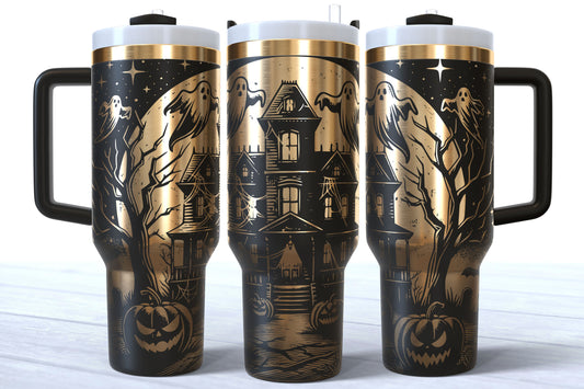 Halloween Haunted House Laser Engraved Makerflo Tumbler | Silver, Gold & Rainbow Plated