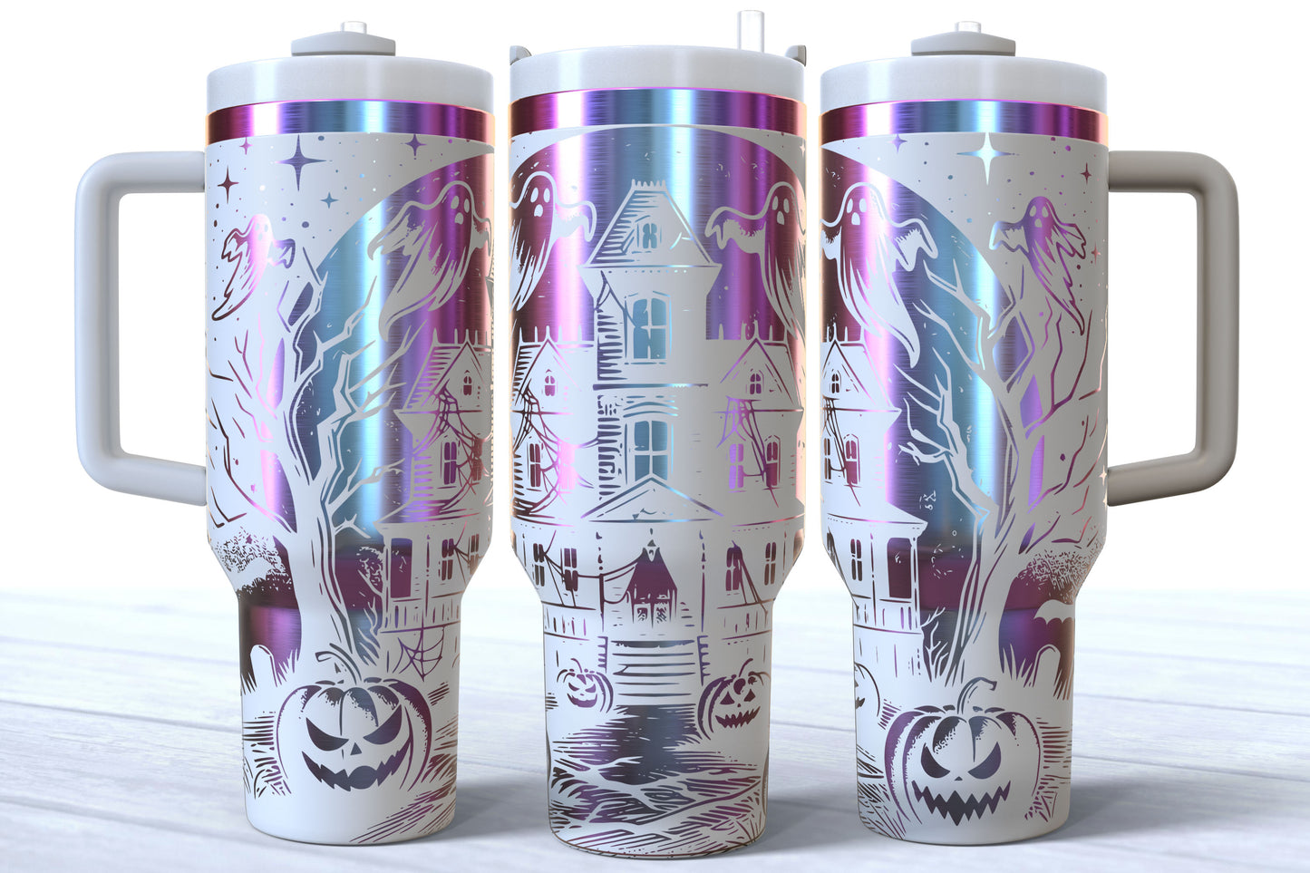 Halloween Haunted House Laser Engraved Makerflo Tumbler | Silver, Gold & Rainbow Plated