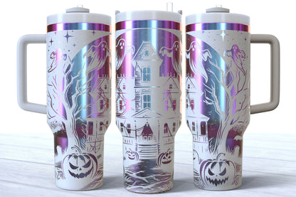 Halloween Haunted House Laser Engraved Makerflo Tumbler | Silver, Gold & Rainbow Plated