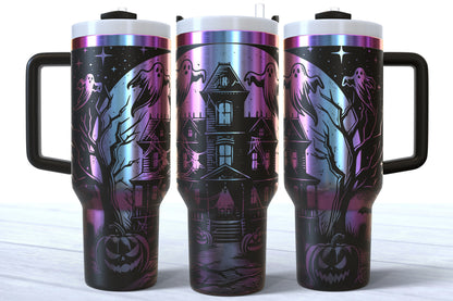 Halloween Haunted House Laser Engraved Makerflo Tumbler | Silver, Gold & Rainbow Plated