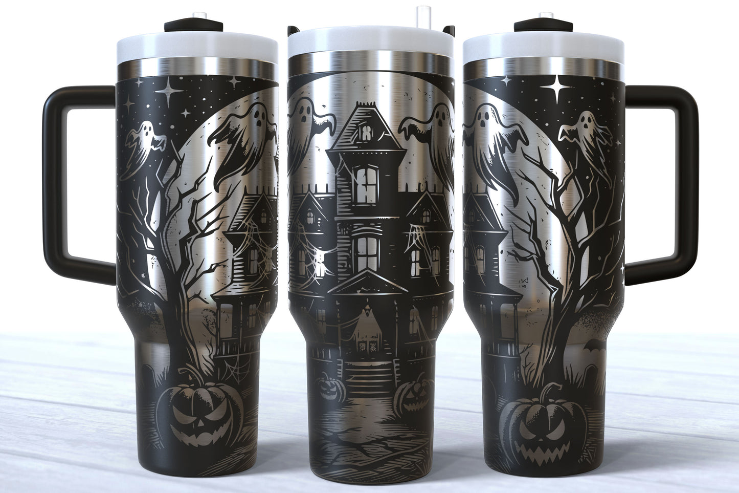 Halloween Haunted House Laser Engraved Makerflo Tumbler | Silver, Gold & Rainbow Plated