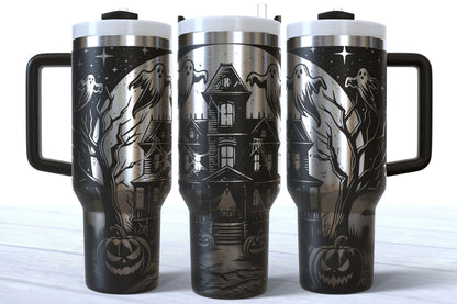 Halloween Haunted House Laser Engraved Makerflo Tumbler | Silver, Gold & Rainbow Plated
