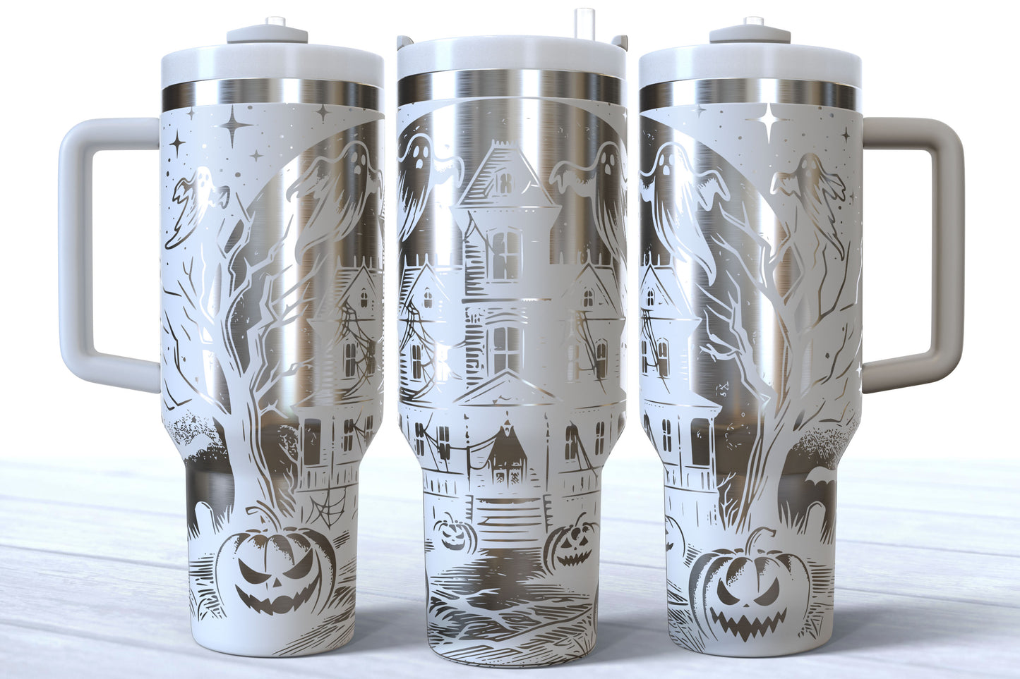 Halloween Haunted House Laser Engraved Makerflo Tumbler | Silver, Gold & Rainbow Plated
