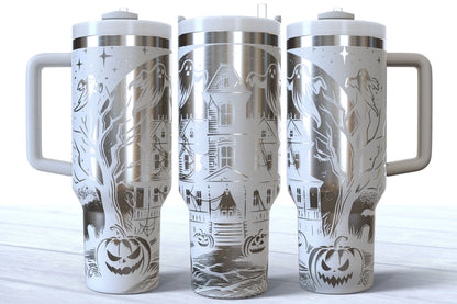 Halloween Haunted House Laser Engraved Makerflo Tumbler | Silver, Gold & Rainbow Plated