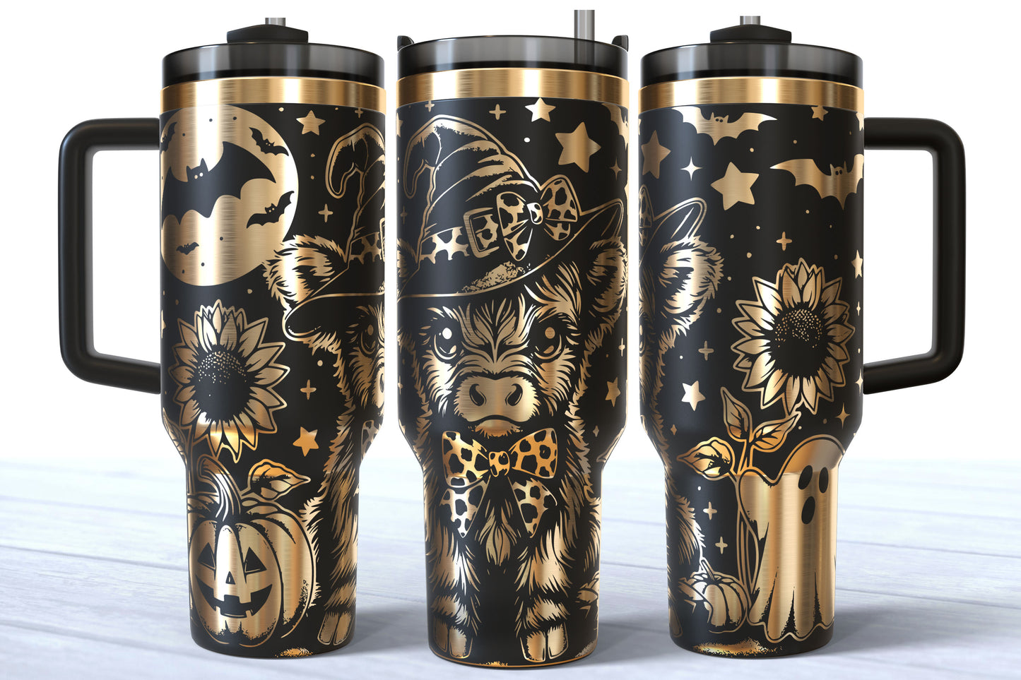 Spooky Highland Cow Laser Engraved Tumbler | Silver, Gold & Rainbow Plated