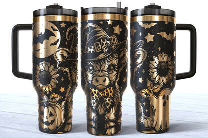 Spooky Highland Cow Laser Engraved Tumbler | Silver, Gold & Rainbow Plated