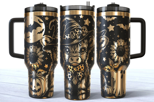 Spooky Highland Cow Laser Engraved Tumbler | Silver, Gold & Rainbow Plated