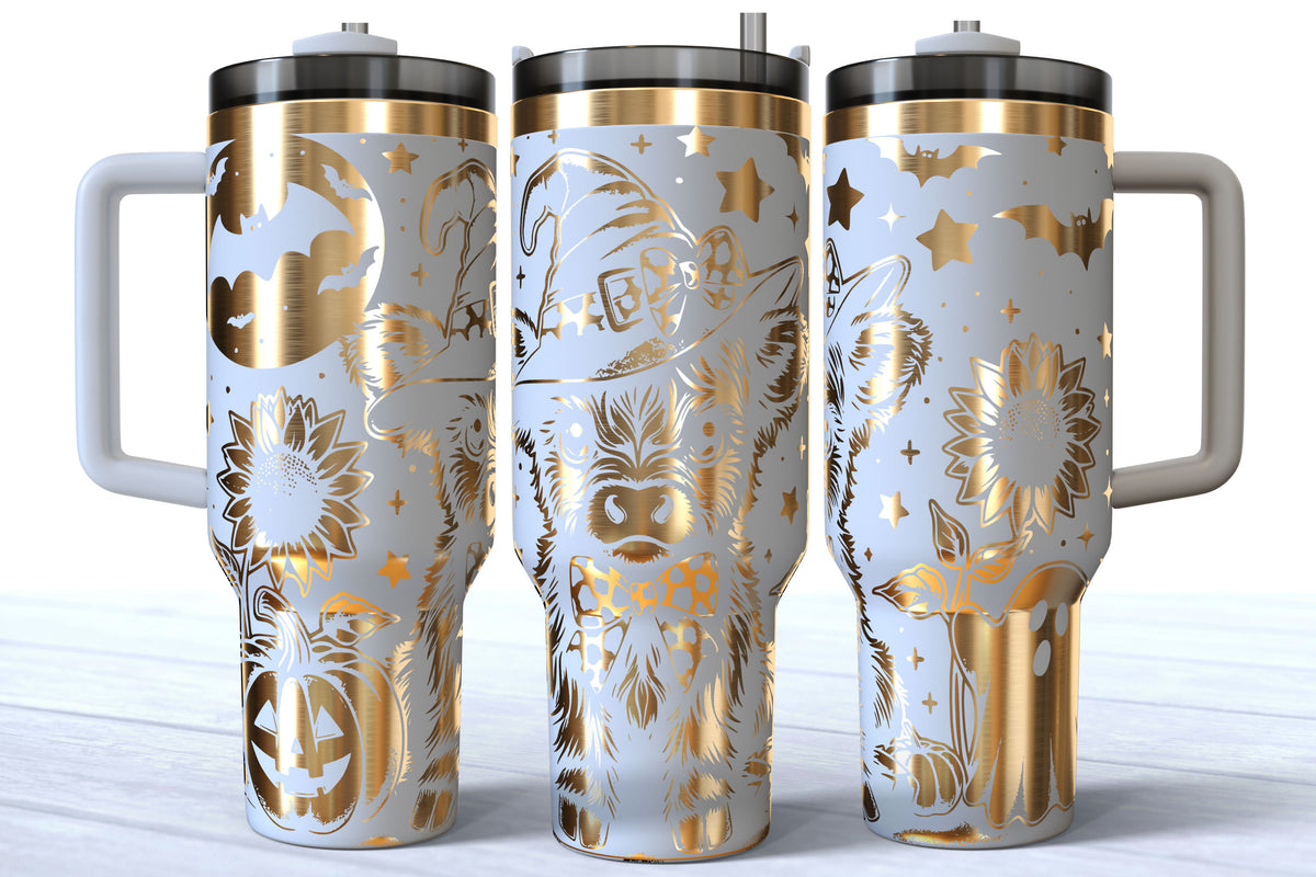 Spooky Highland Cow Laser Engraved Tumbler | Silver, Gold & Rainbow Plated