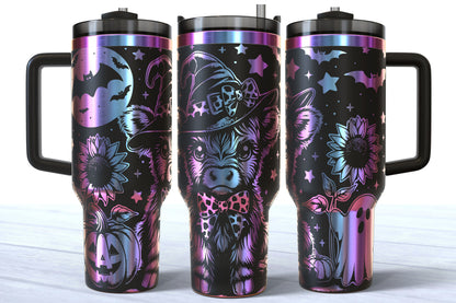 Spooky Highland Cow Laser Engraved Tumbler | Silver, Gold & Rainbow Plated