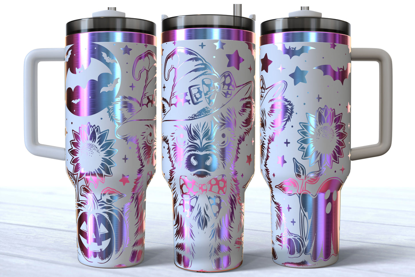 Spooky Highland Cow Laser Engraved Tumbler | Silver, Gold & Rainbow Plated