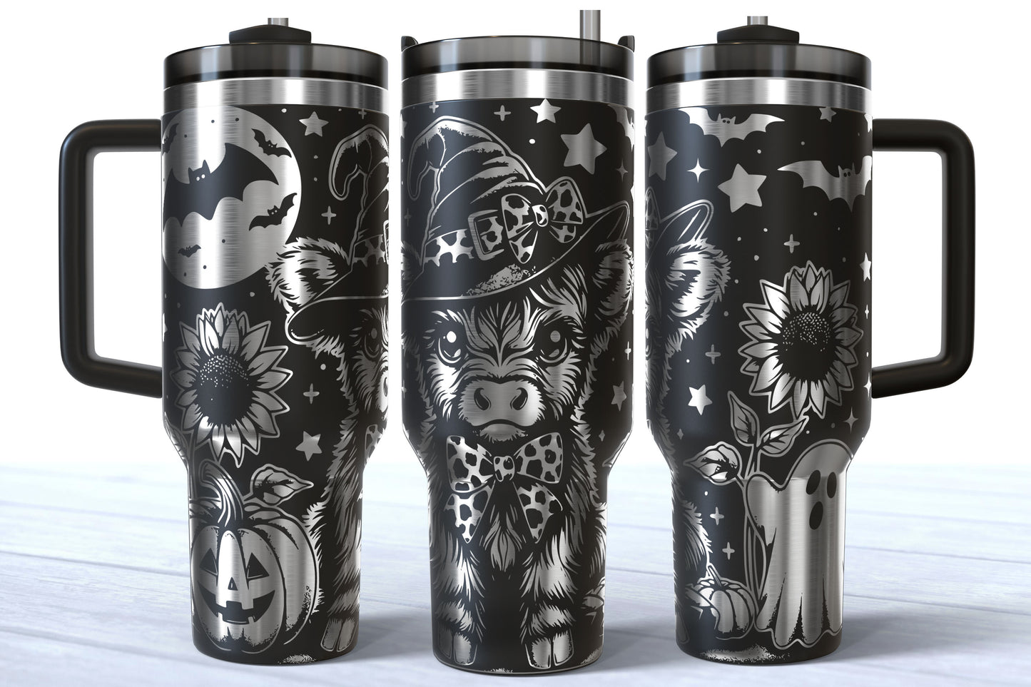 Spooky Highland Cow Laser Engraved Tumbler | Silver, Gold & Rainbow Plated