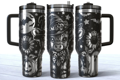 Spooky Highland Cow Laser Engraved Tumbler | Silver, Gold & Rainbow Plated