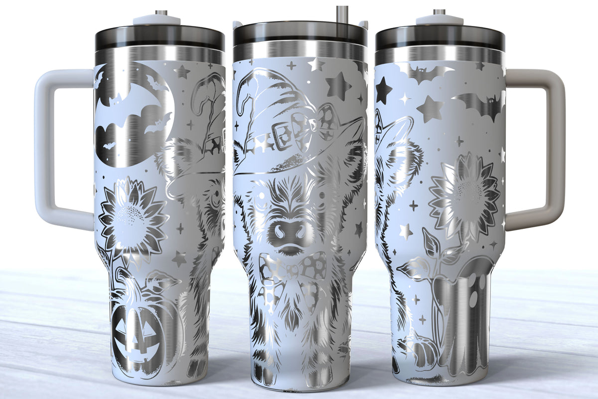 Spooky Highland Cow Laser Engraved Tumbler | Silver, Gold & Rainbow Plated