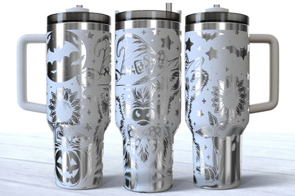 Spooky Highland Cow Laser Engraved Tumbler | Silver, Gold & Rainbow Plated