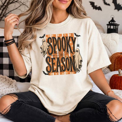 Spooky Season Halloween Comfort Colors Tee, Long Sleeve or Sweatshirt | Orange Stripes & Flying Ghosts