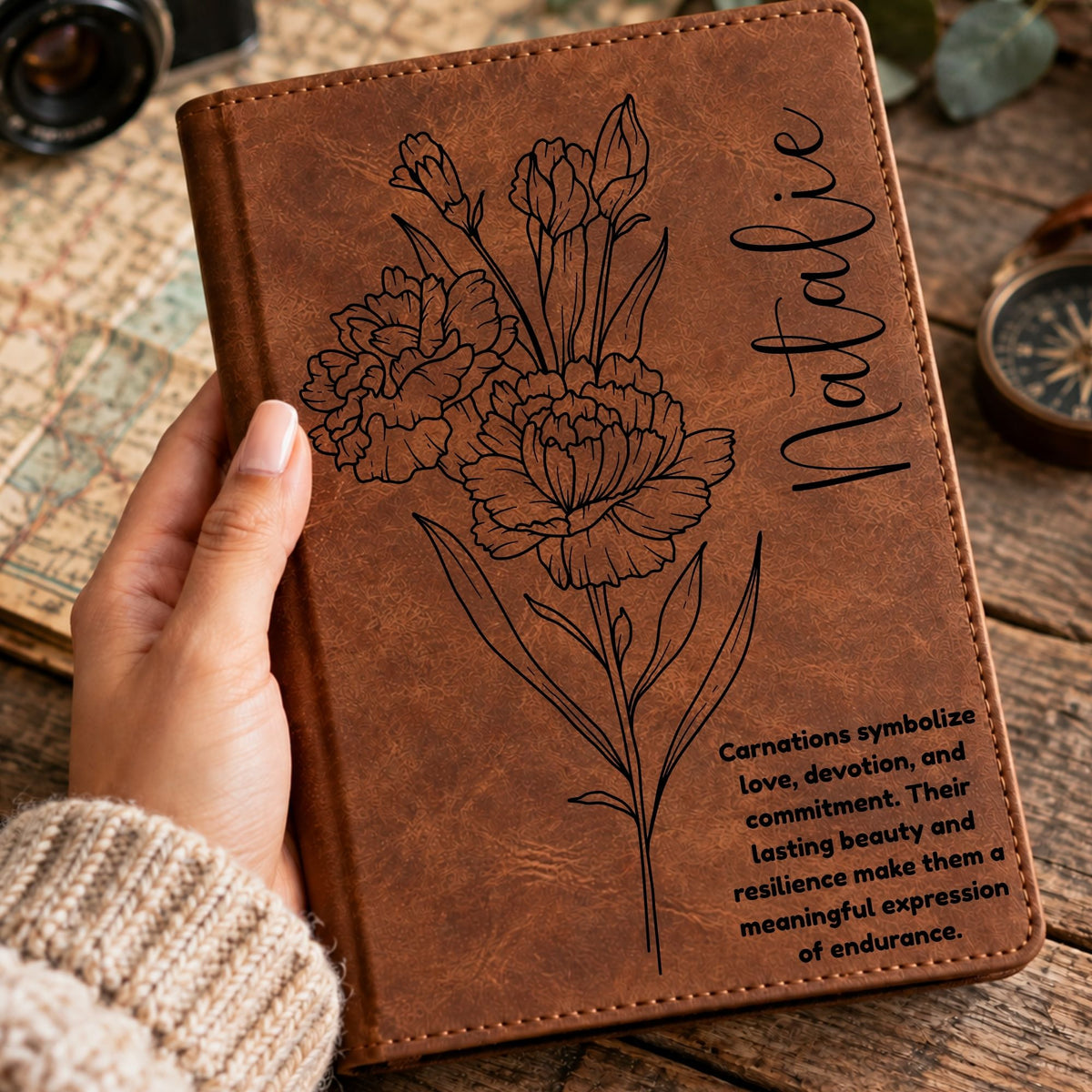 Personalized Birth Flower Journal, Laser Engraved Leatherette Notebook with Flower Meaning